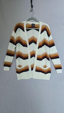 FCT WITH LOVE Cardigan Sweater Womens Small Brown Chevron Stripe Open Knit Boho